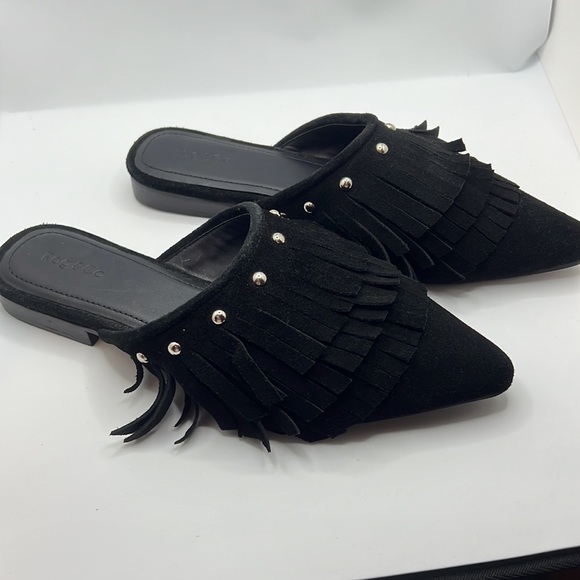 Rag & Co fringe studded black flats leather 8M NWT mules low heel dressy career - Picture 2 of 14